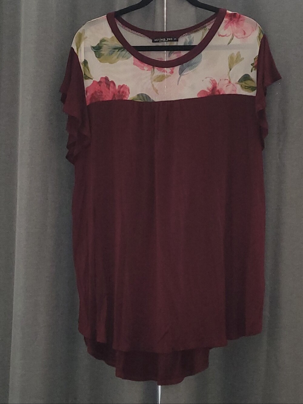 Acting Pro Floral Yoke Burgundy Women's Top 2X